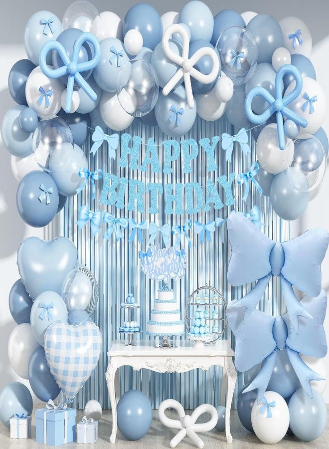 Togvu Dusty Blue Bow Birthday Decorations, Coquette Bow Blue White and Clear Balloons with Happy Birthday Banner Fringe Curtain Cake Toppers for Women Girls Baby Shower Party Supplies - Image 1